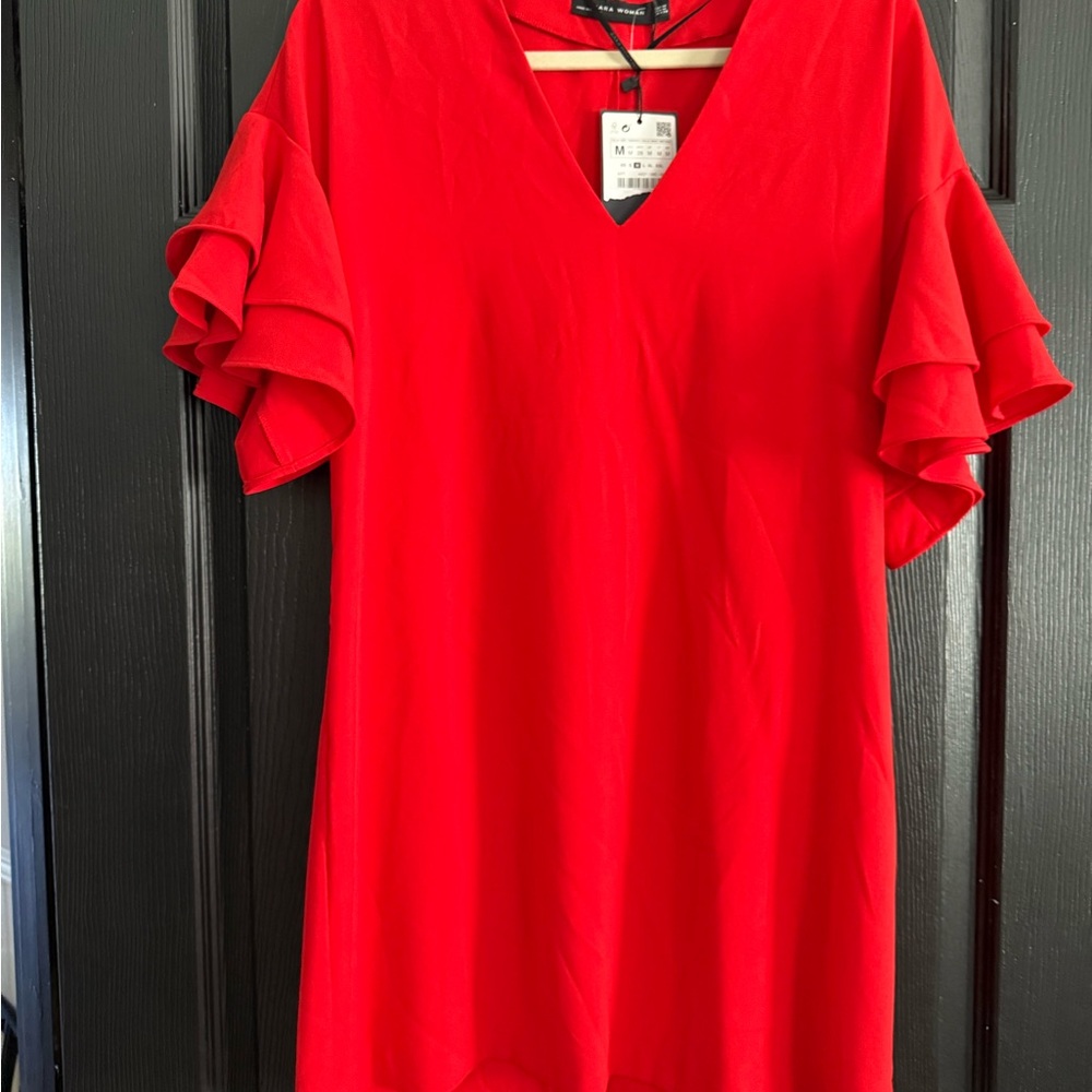 Zara Vibrant Red Blouse with Ruffle Sleeves
